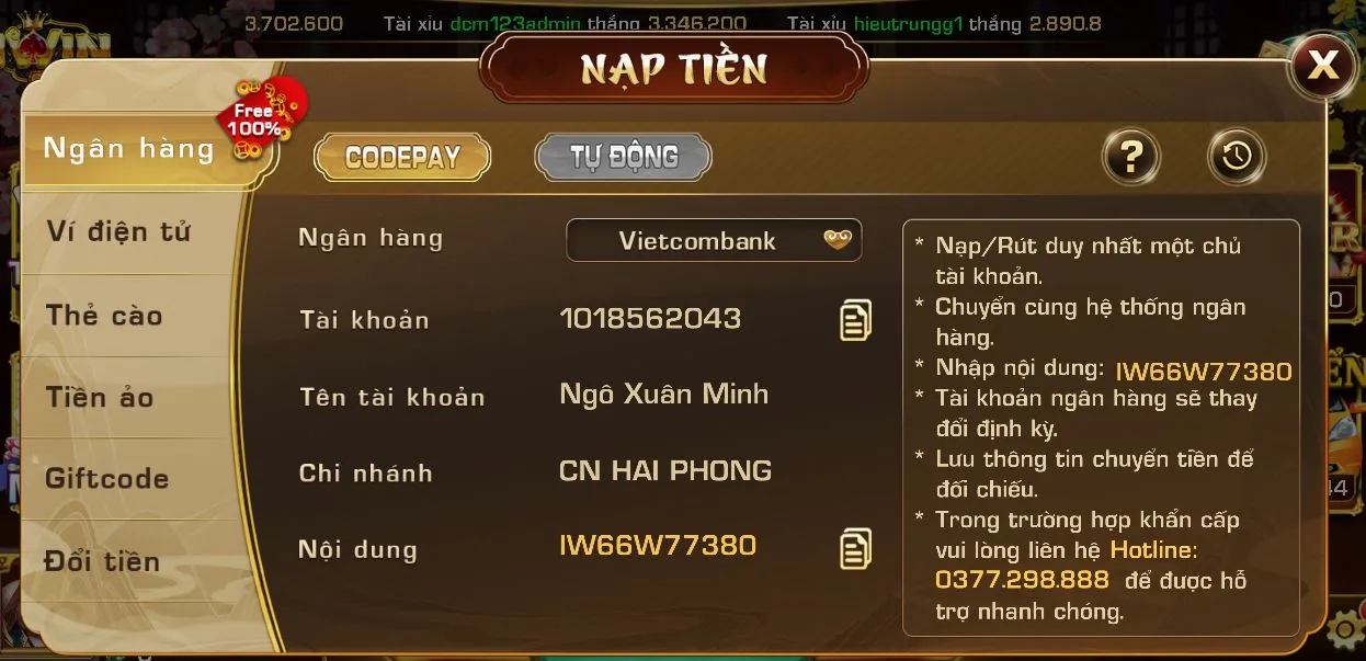 Nạp tiền Iwin qua ngân hàng