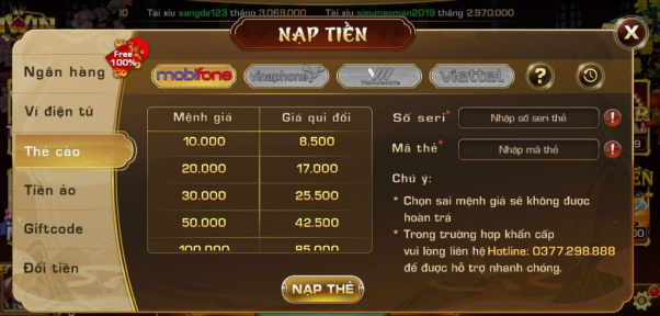 Nạp tiền Iwin Club qua thẻ cào